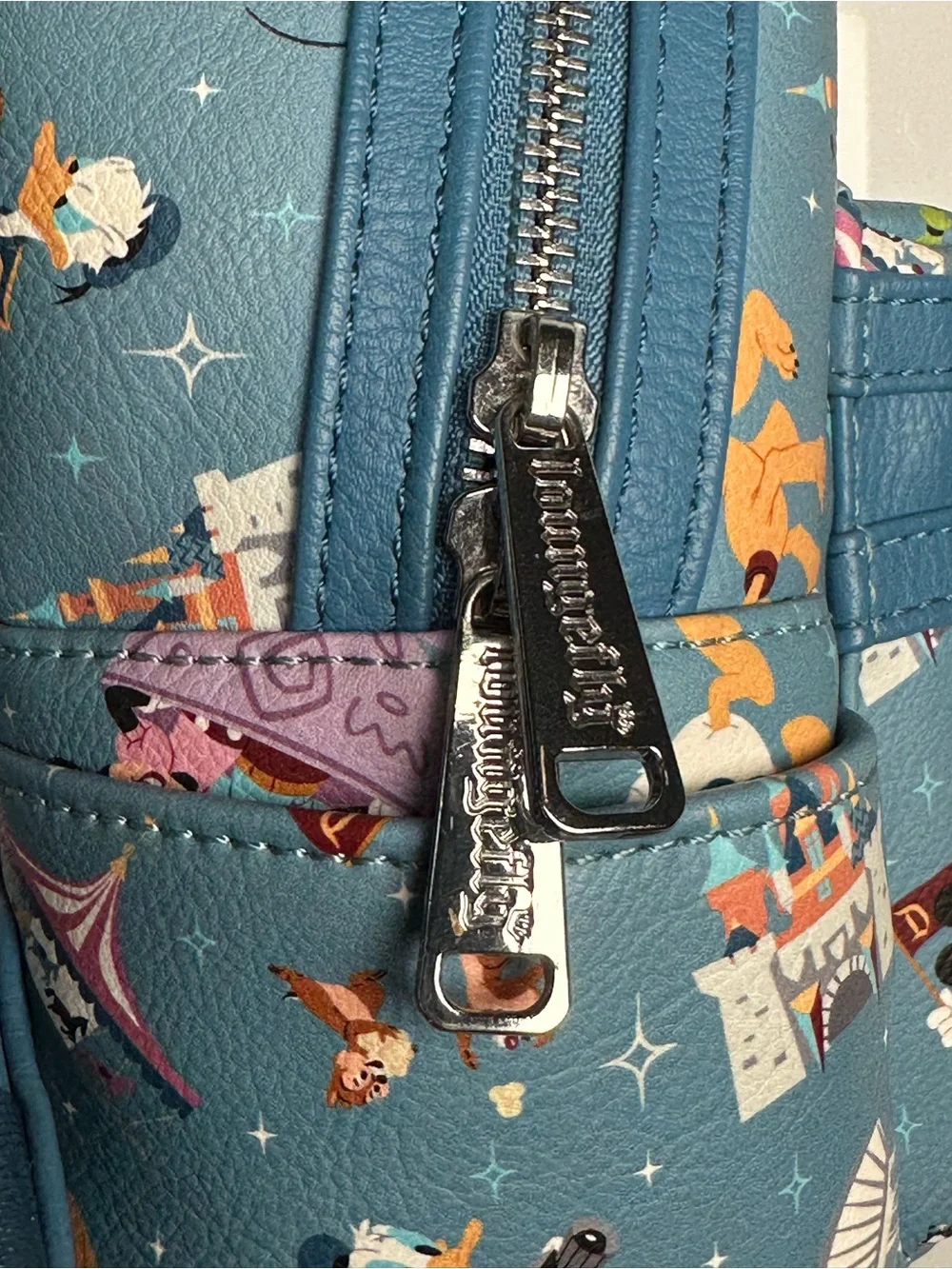 Disney Parks Loungefly Mini Backpack Play in the Park Slate Blue Attractions AOP